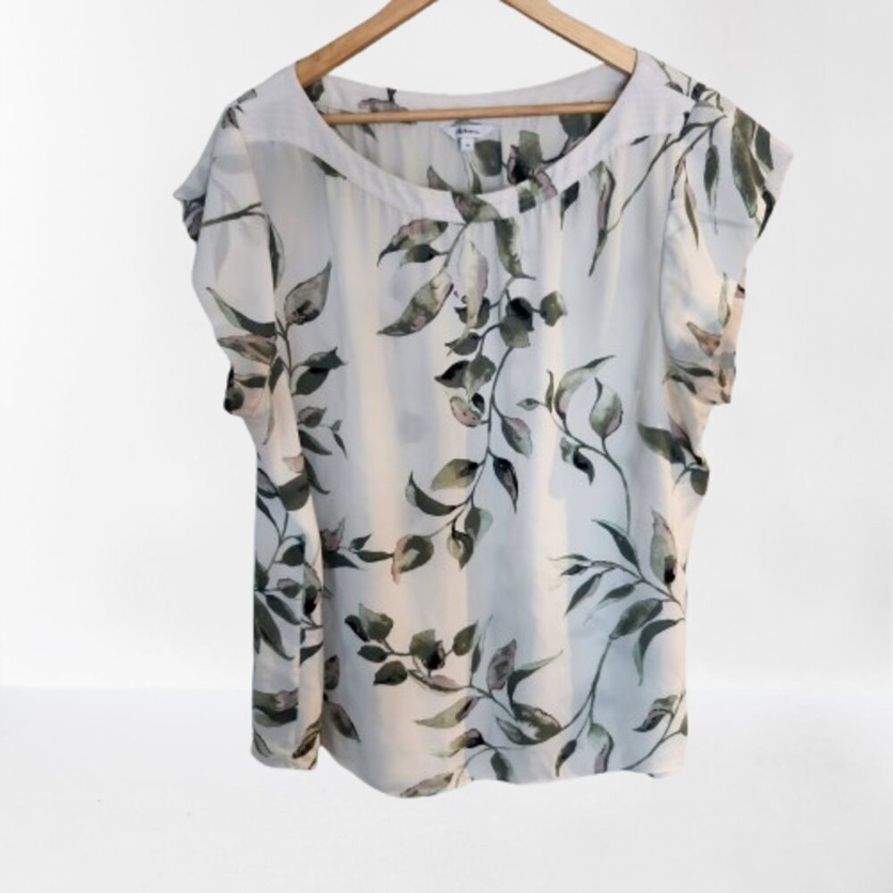 3X Reitmans Cap-Sleeve Blouse Round Neckline, Green Leaves Print Pull Over Top